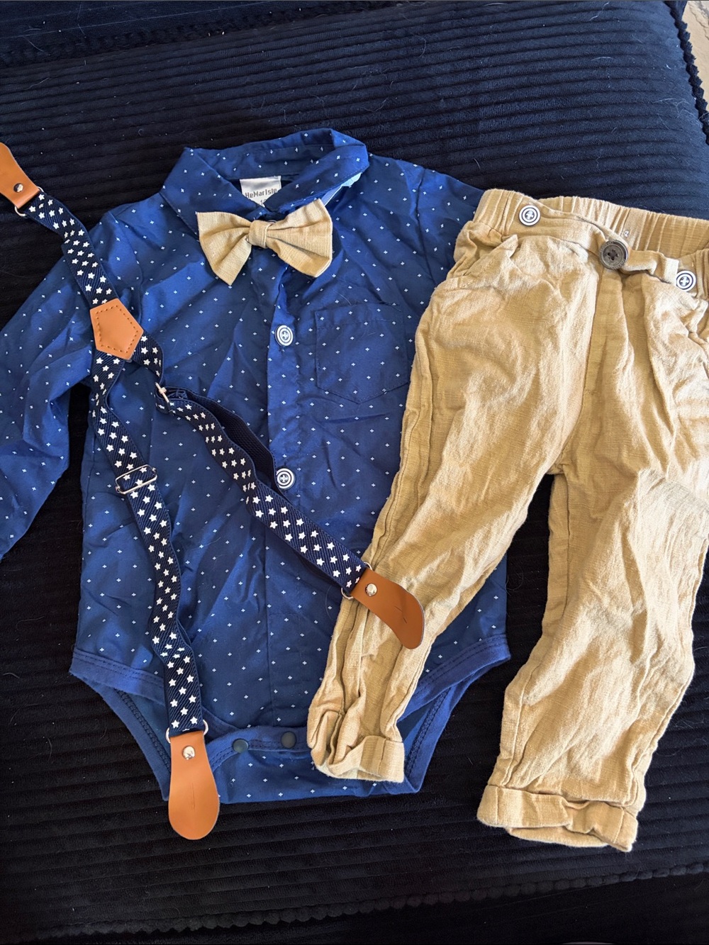 Navy Polka Dot Baby Bodysuit with Mustard Bow Tie & Tan Pants Set